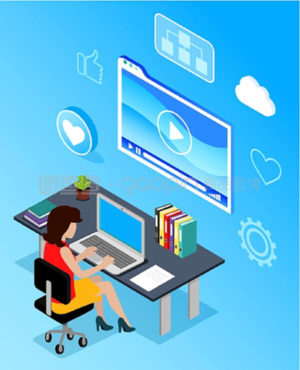 工作場(chǎng)所的商業(yè)網(wǎng)絡(luò)通信。辦公室使用手提電腦無(wú)線設(shè)備的女性。藍(lán)色的媒體顯示和互聯(lián)網(wǎng)圖標(biāo)像和云。PC向量的數(shù)字營(yíng)銷(xiāo)專(zhuān)家。計(jì)算機(jī)向量的數(shù)字營(yíng)銷(xiāo)專(zhuān)家